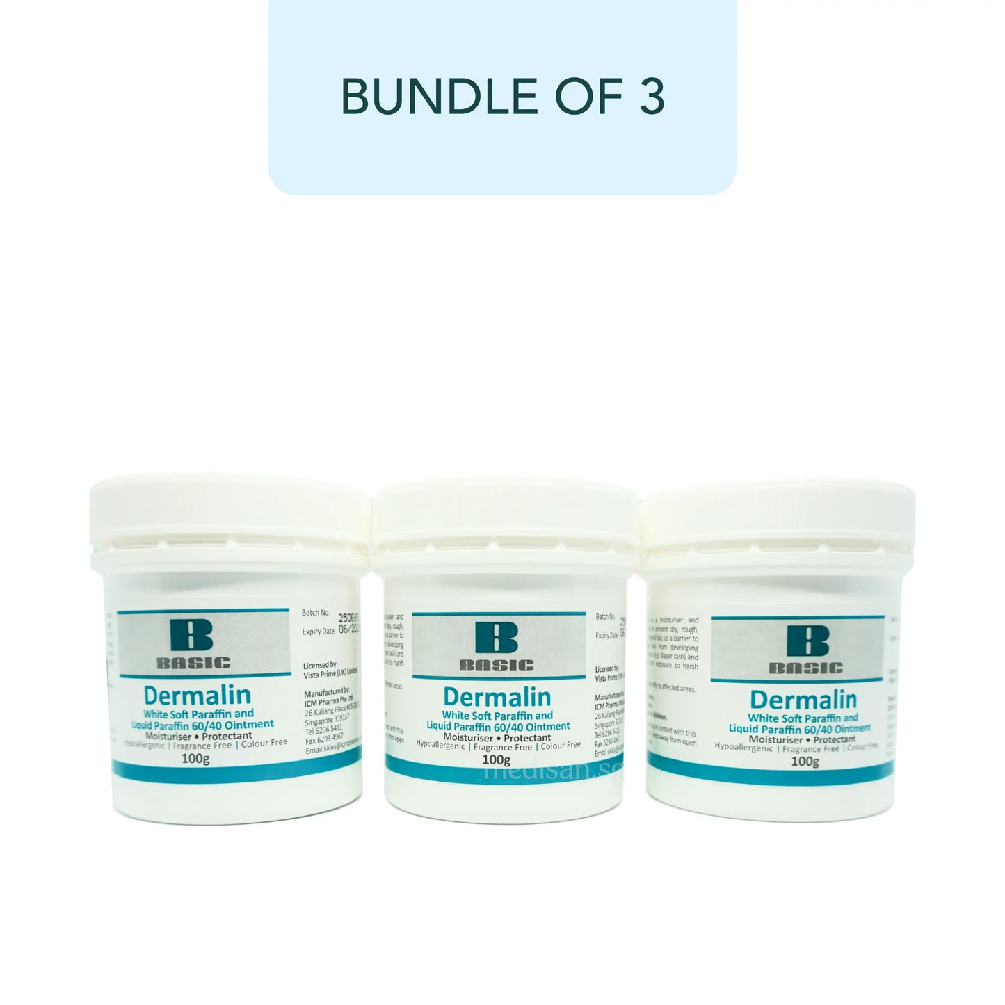 ICM Basic Dermalin White Soft Paraffin & Liquid Paraffin 60/40 Ointment 100g (Bundle of 3)